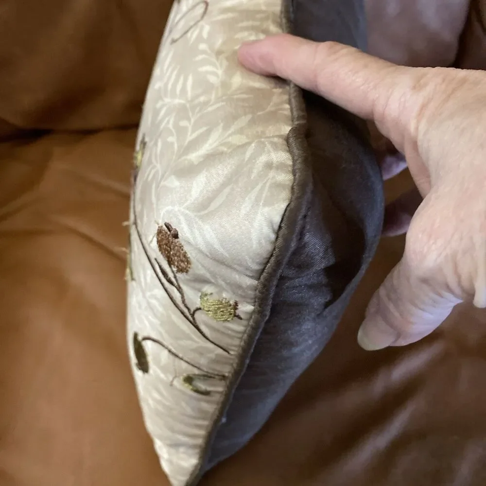 Madison Park Aqua & Brown Embroidered Leaf Floral Throw Pillow 15x11”